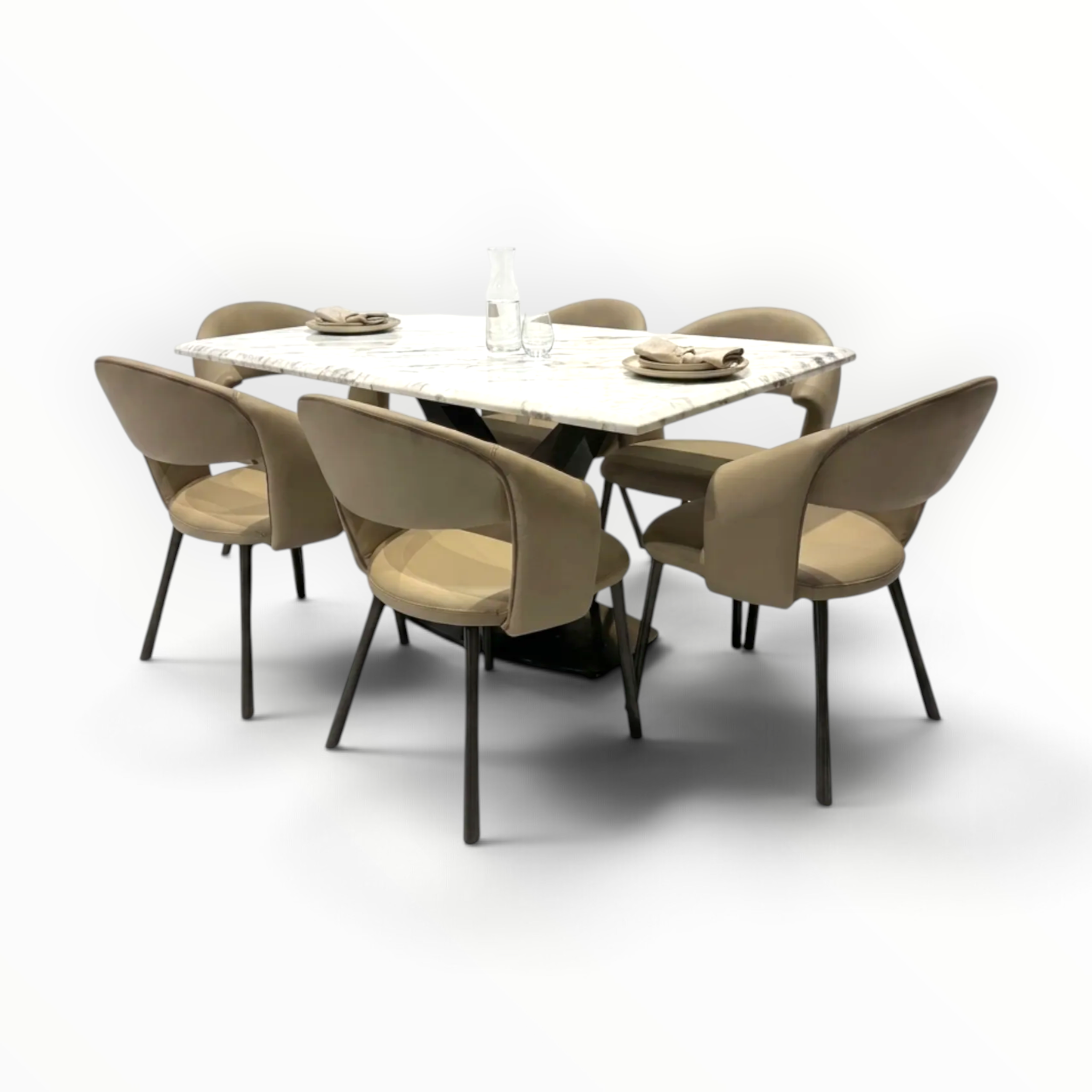 Crown 6-Seater Dining Set – Top-Down View Showing Marble Top and Leatherette Chairs | Woodkraft Studio