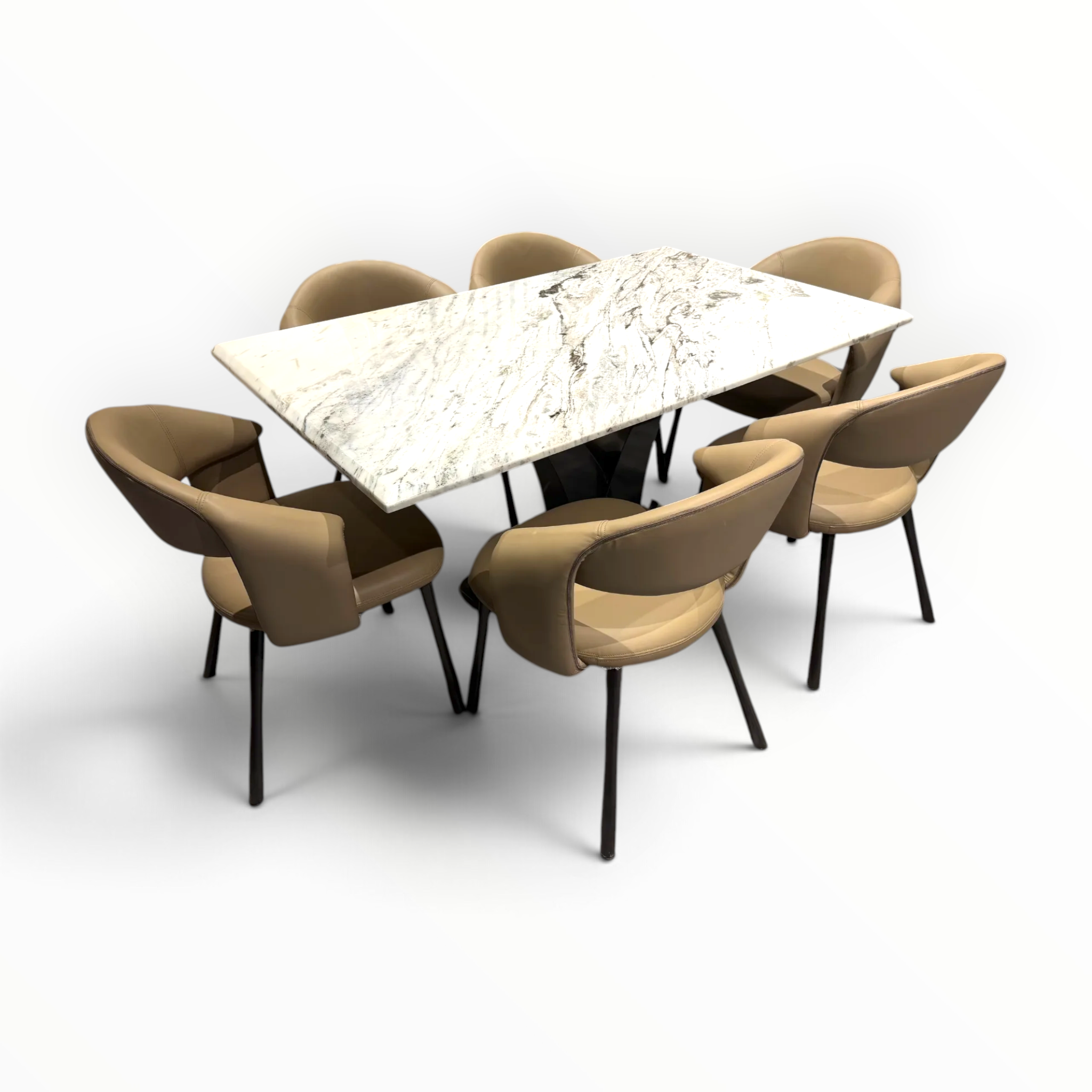 Crown Dining Set – Front 3/4 View with Artificial Marble Top and X-Cross Mild Steel Base