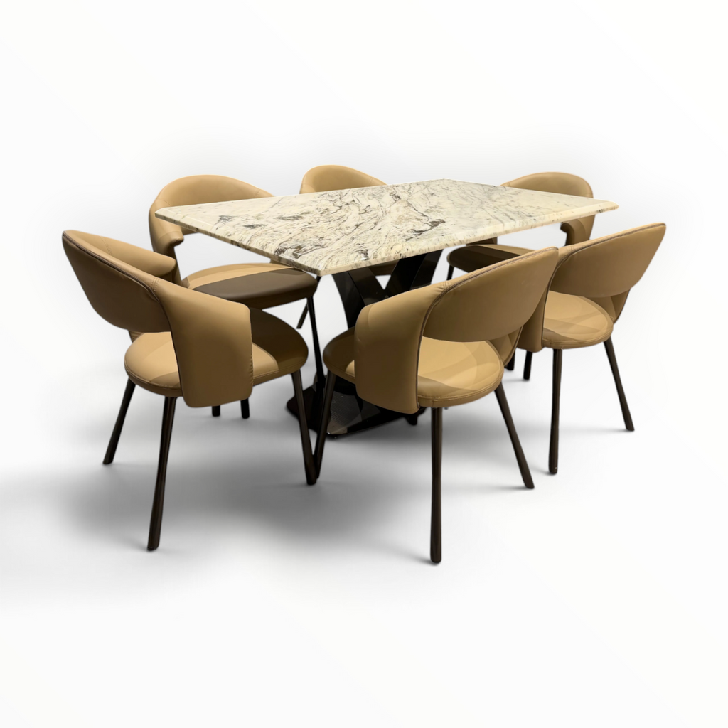Crown Dining Chair – Close-Up of Shell-Back Leatherette Dining Chair with Black Metal Legs