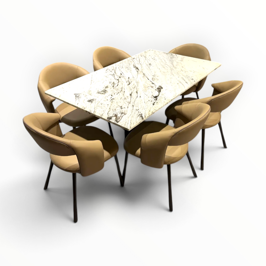 Crown Dining Set – 3/4 Front View Showing Marble Top, Steel Base and 6 Camel Leatherette Chairs