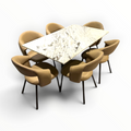 Crown Dining Set – 3/4 Front View Showing Marble Top, Steel Base and 6 Camel Leatherette Chairs