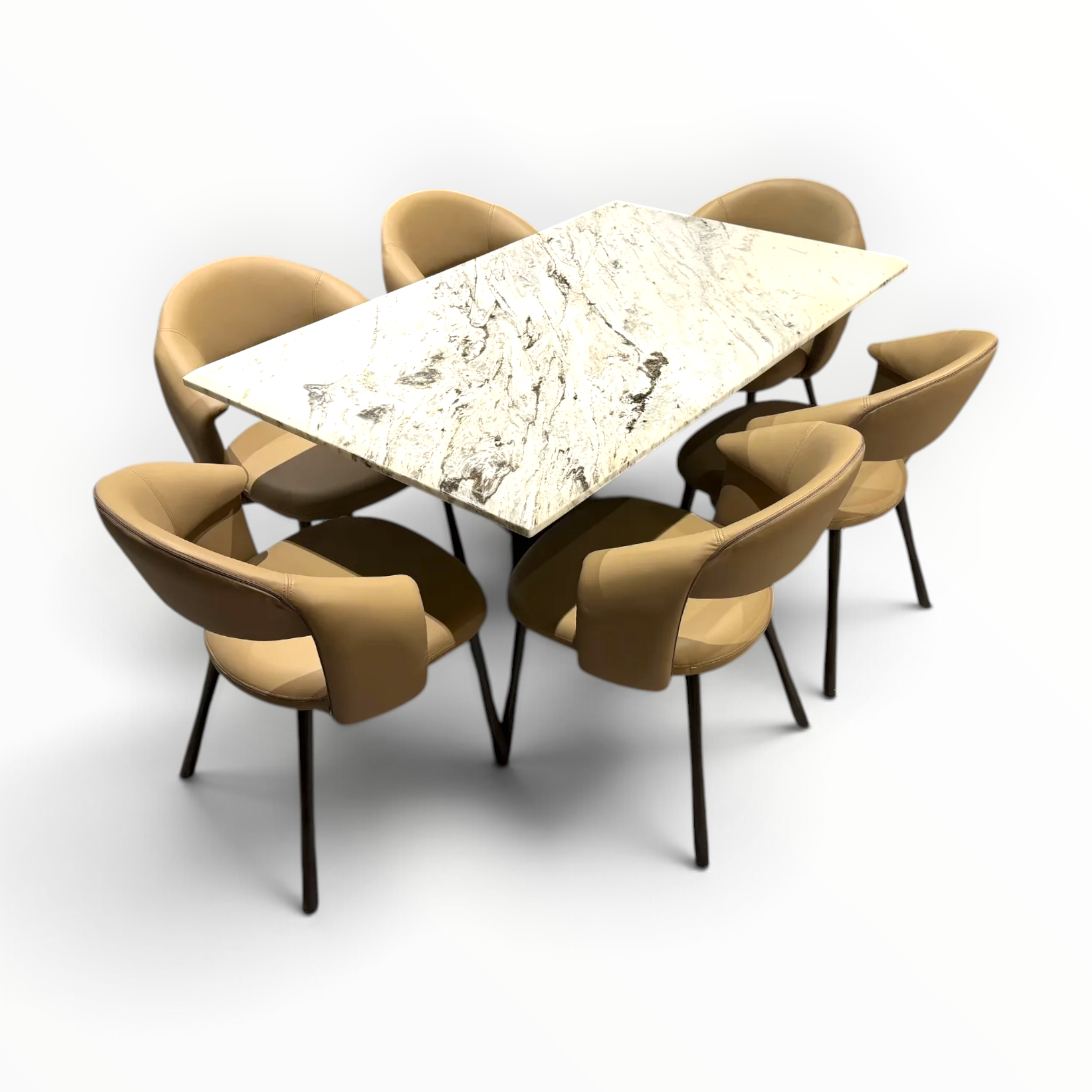 Crown Dining Set – 3/4 Front View Showing Marble Top, Steel Base and 6 Camel Leatherette Chairs