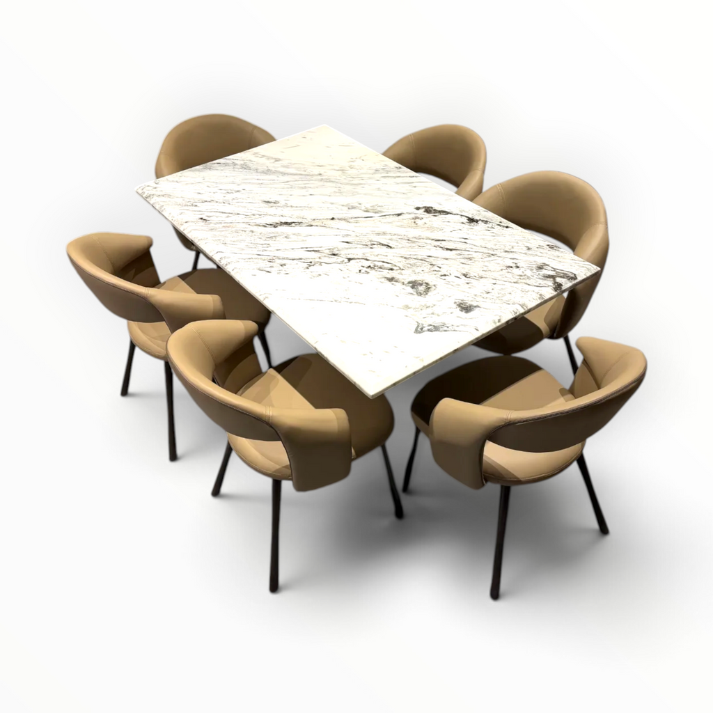 Crown Dining Set – Overhead View Showing Marble Veining and Full Chair Arrangement