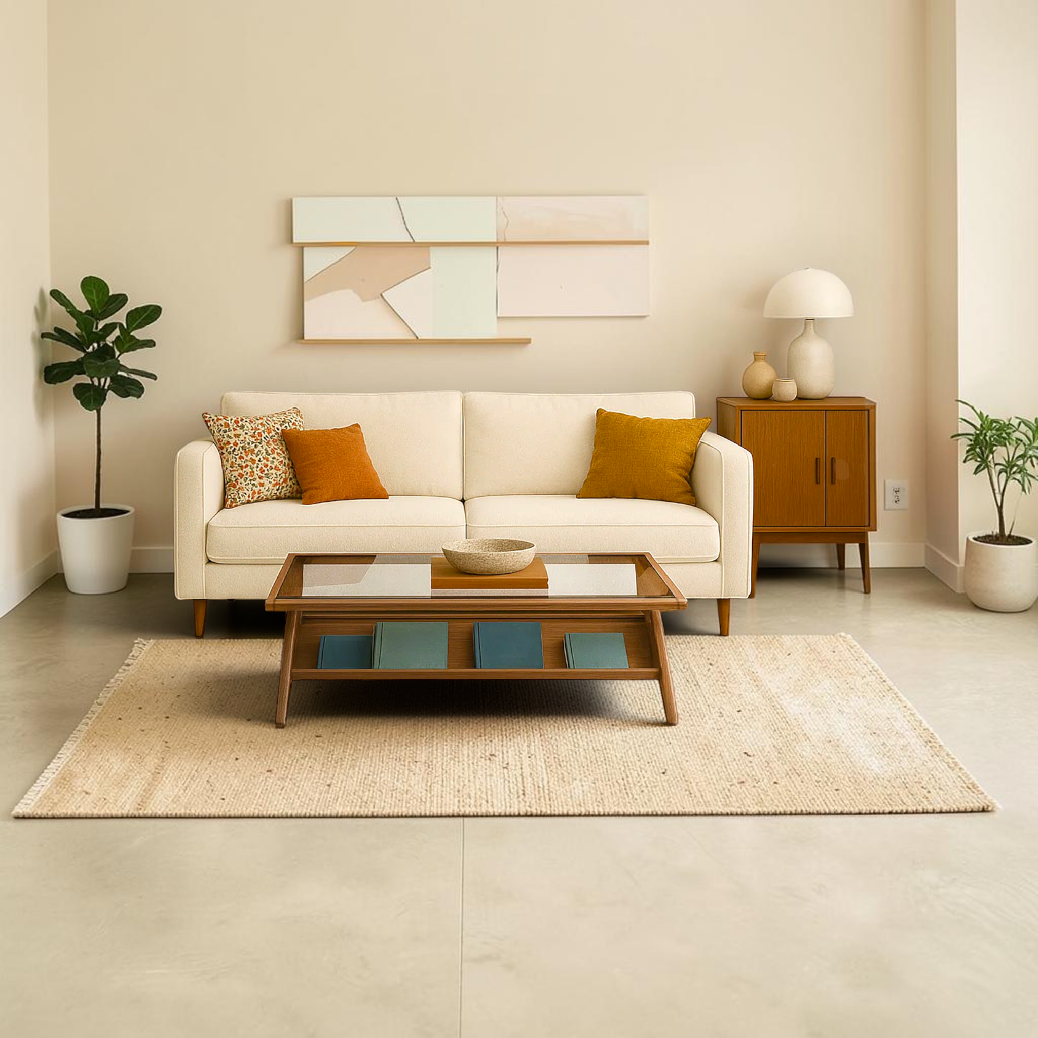 Edge Solid Teakwood Coffee Table with Glass Top in Mid-Century Living Room – Woodkraft Studio