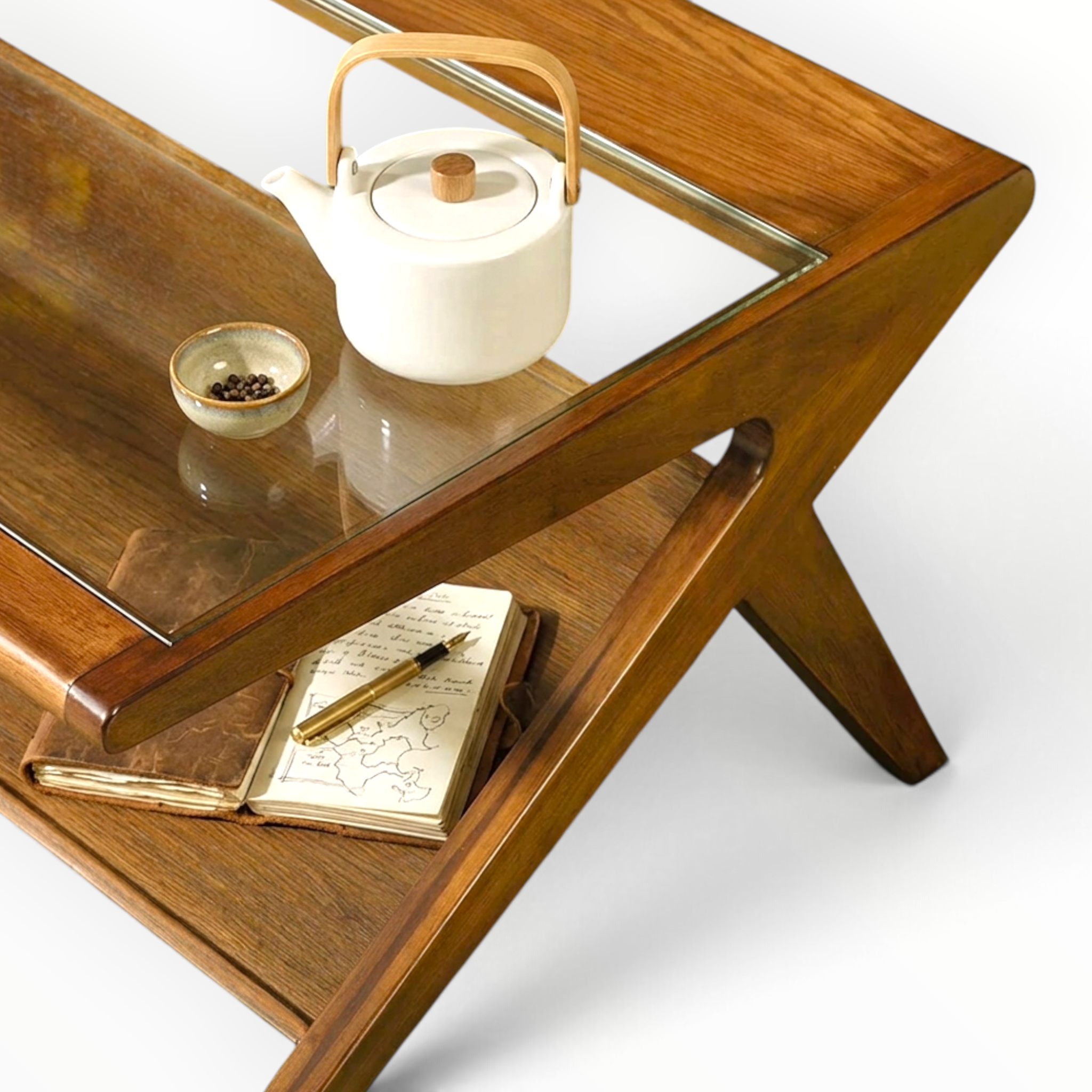 Edge Teakwood Coffee Table Top View – Glass Surface and Open Magazine Shelf Detail