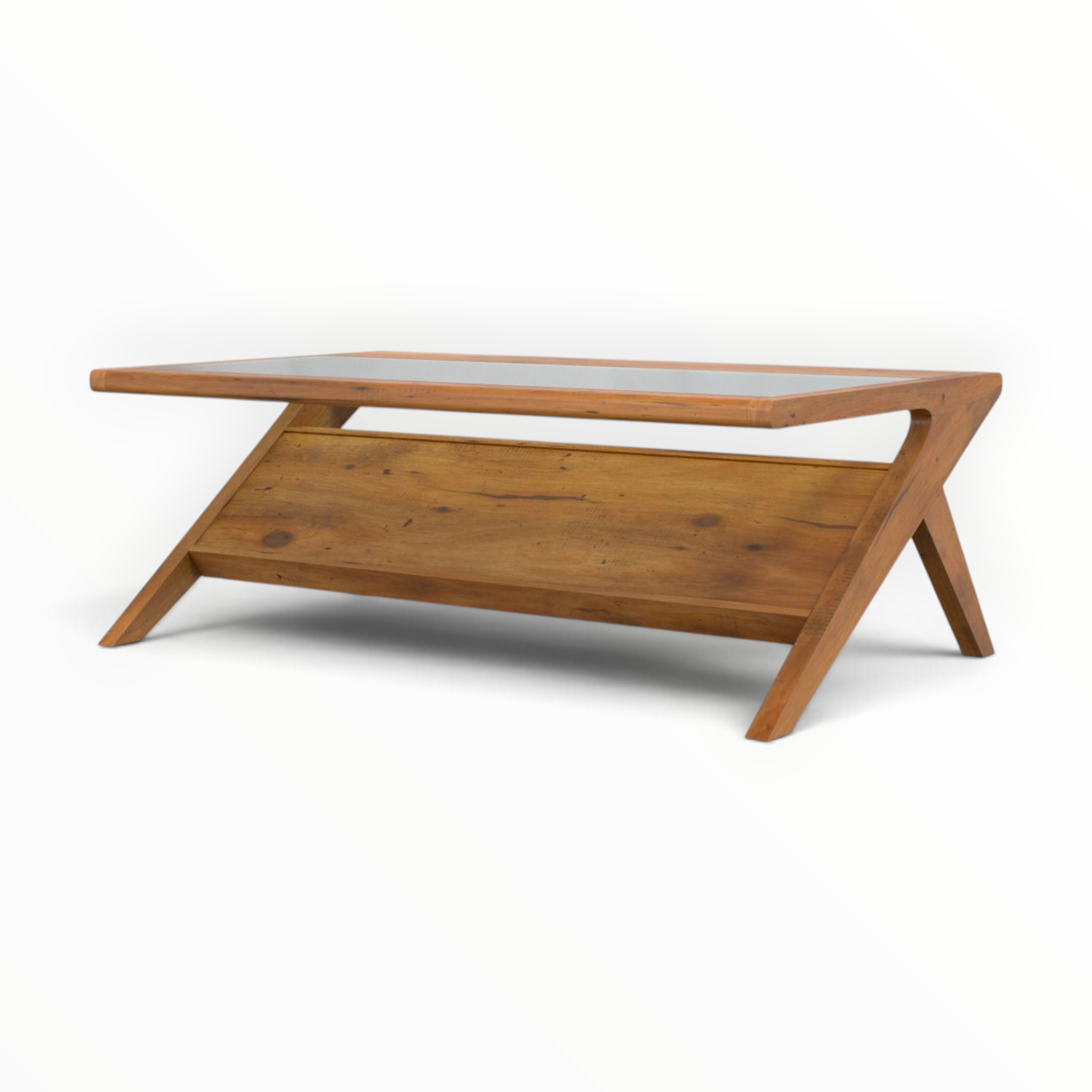 Edge Coffee Table – Solid Teakwood X-Leg Base with Glass Insert, 45 x 27 x 16 Inches
