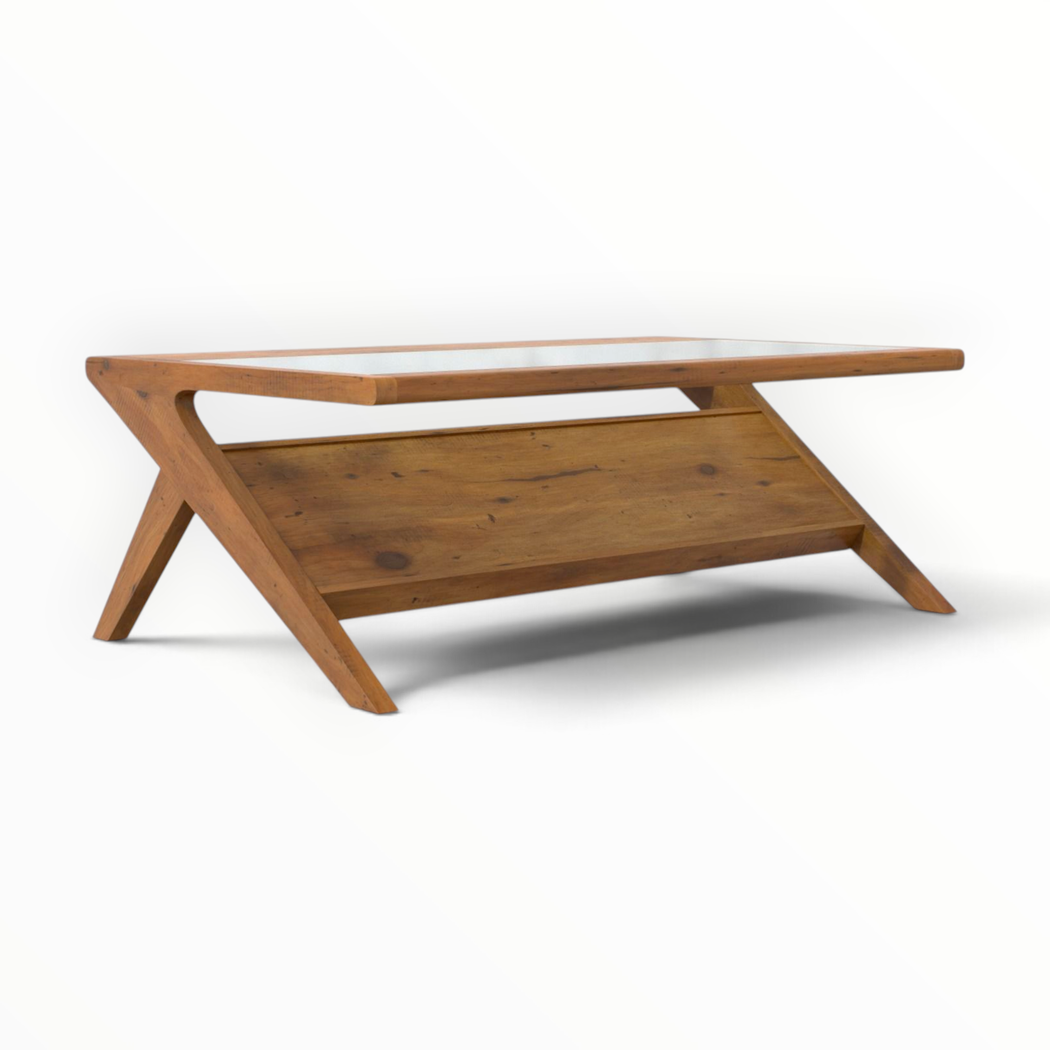 Edge Solid Teakwood Coffee Table Front Angle – Natural Honey Finish with Tempered Glass