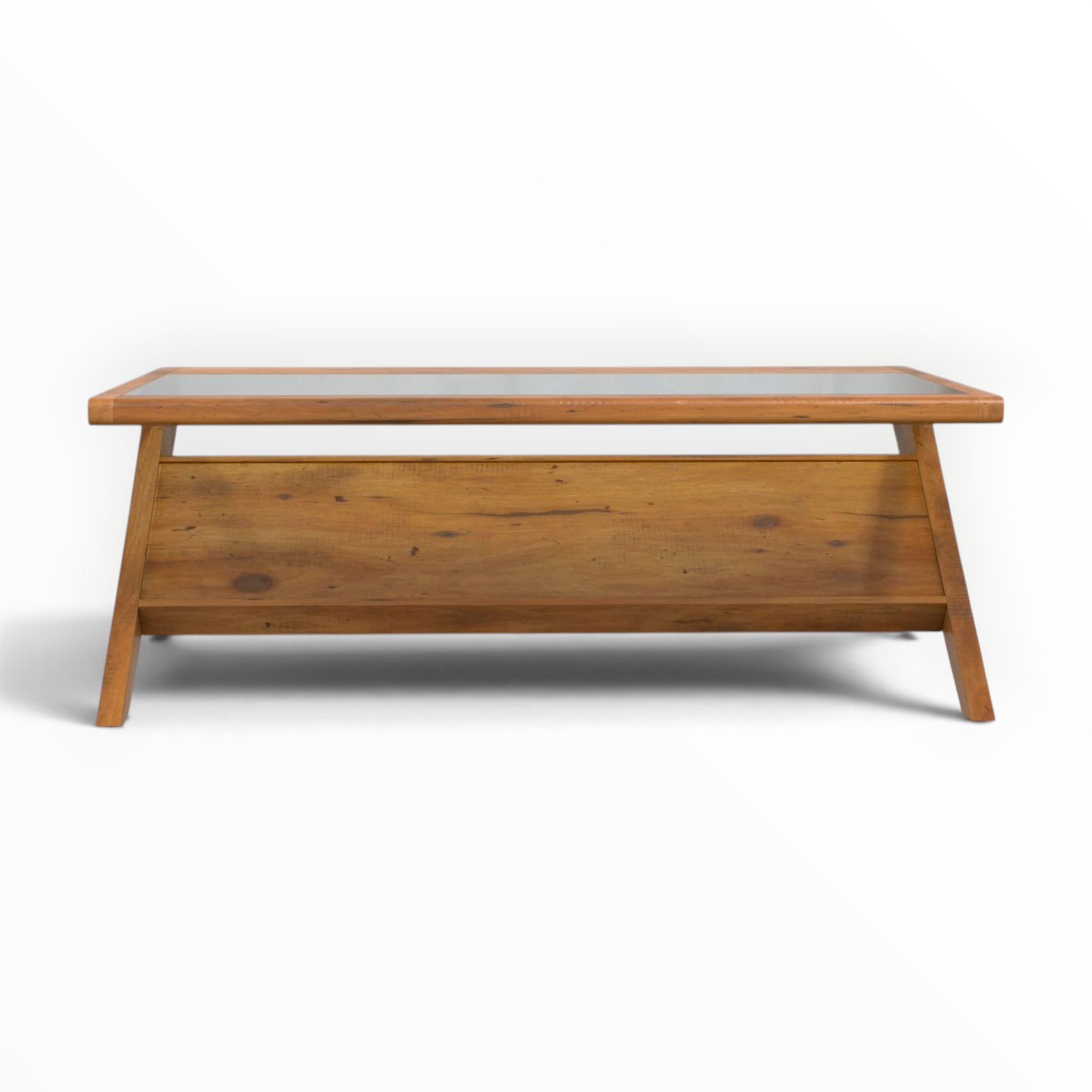 Edge Coffee Table Front View – 45 Inch Solid Teak with Lower Storage Shelf