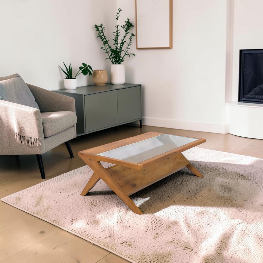 Edge Wooden Coffee Table in Modern Living Room – Solid Teak Mid-Century Design