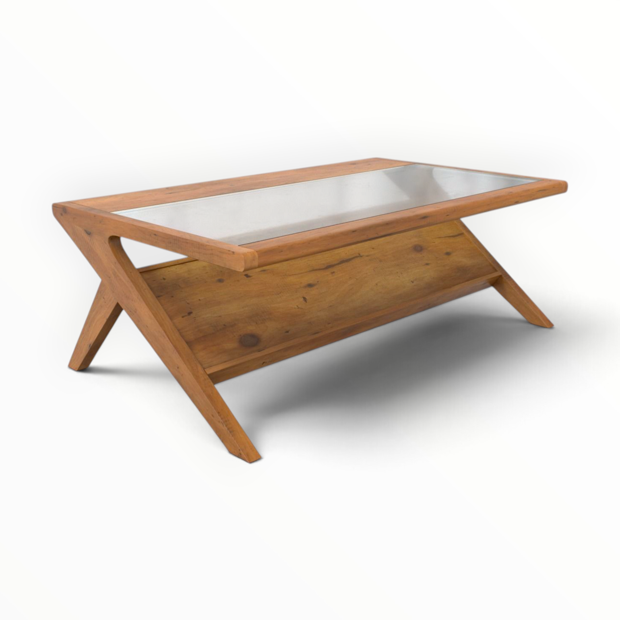 Edge Coffee Table Bottom Angle – Flared X-Leg Solid Teakwood Construction