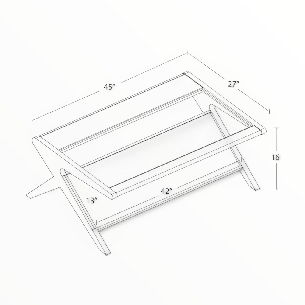 Edge Coffee Table Dimensions – 45W x 27D x 16H Inches, Shelf 42 x 13 Inches