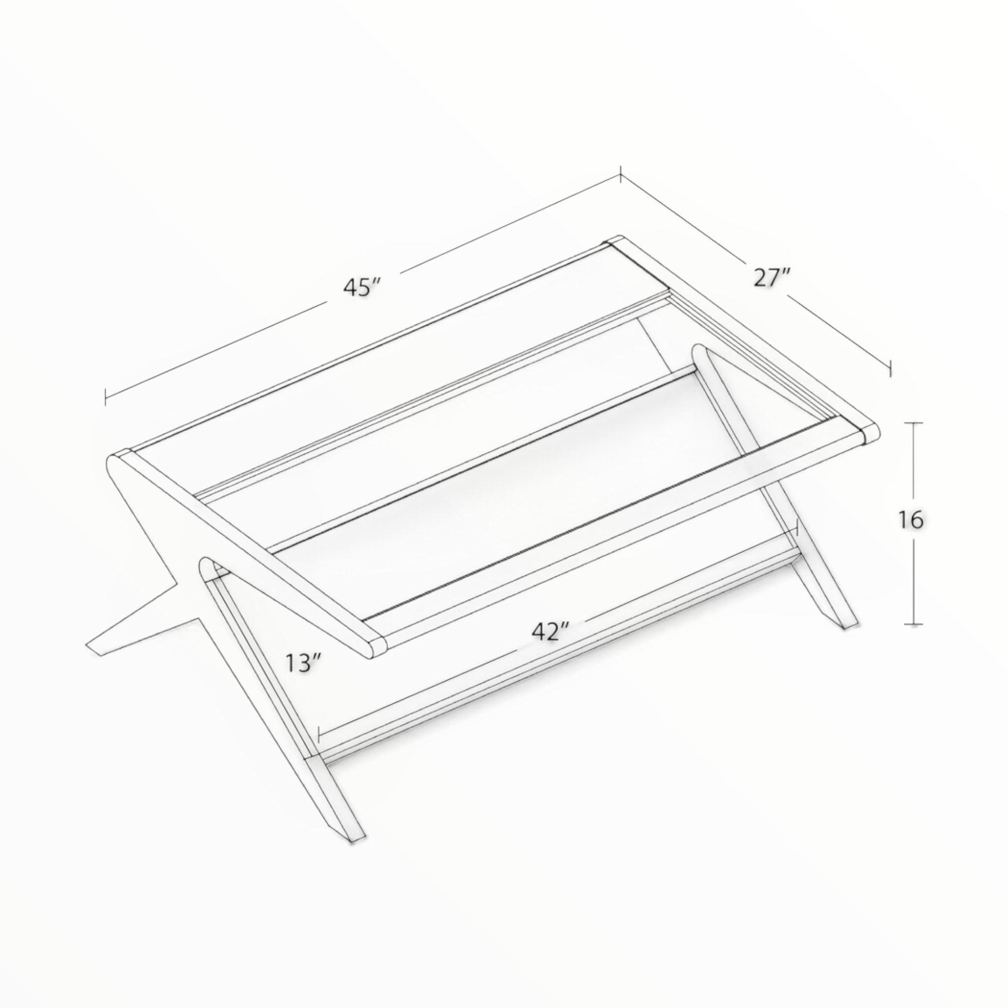 Edge Coffee Table Dimensions – 45W x 27D x 16H Inches, Shelf 42 x 13 Inches