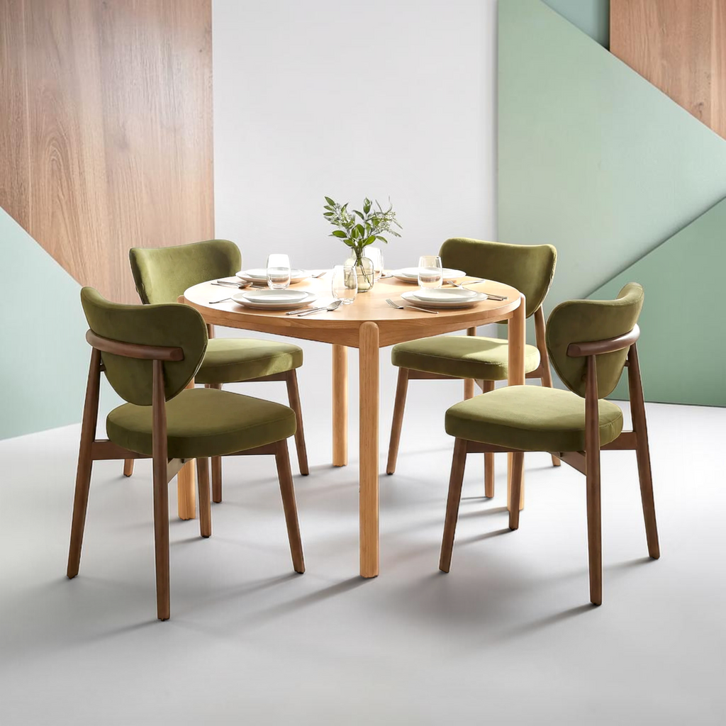 Emerald 4-seater teakwood dining set in Hyderabad – front view with olive green upholstered chairs