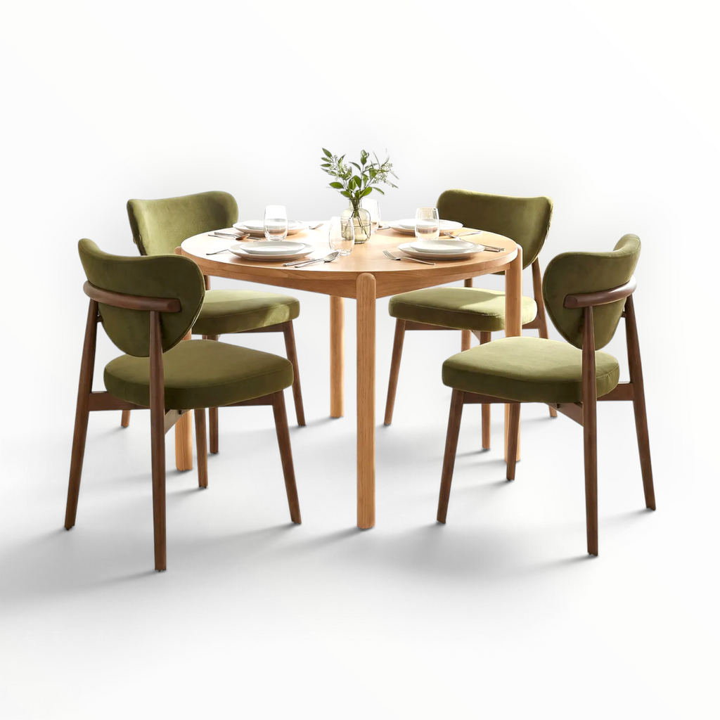 Emerald teakwood dining set – lifestyle view with 4 upholstered chairs around solid teakwood table