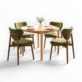 Emerald teakwood dining set – lifestyle view with 4 upholstered chairs around solid teakwood table