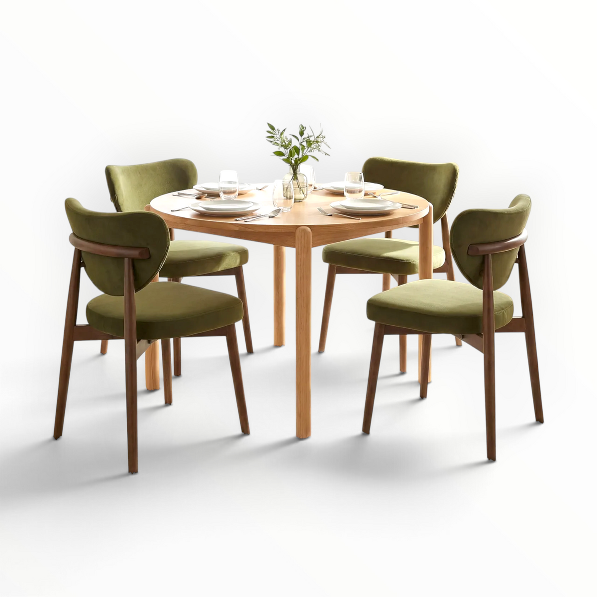 Emerald teakwood dining set – lifestyle view with 4 upholstered chairs around solid teakwood table