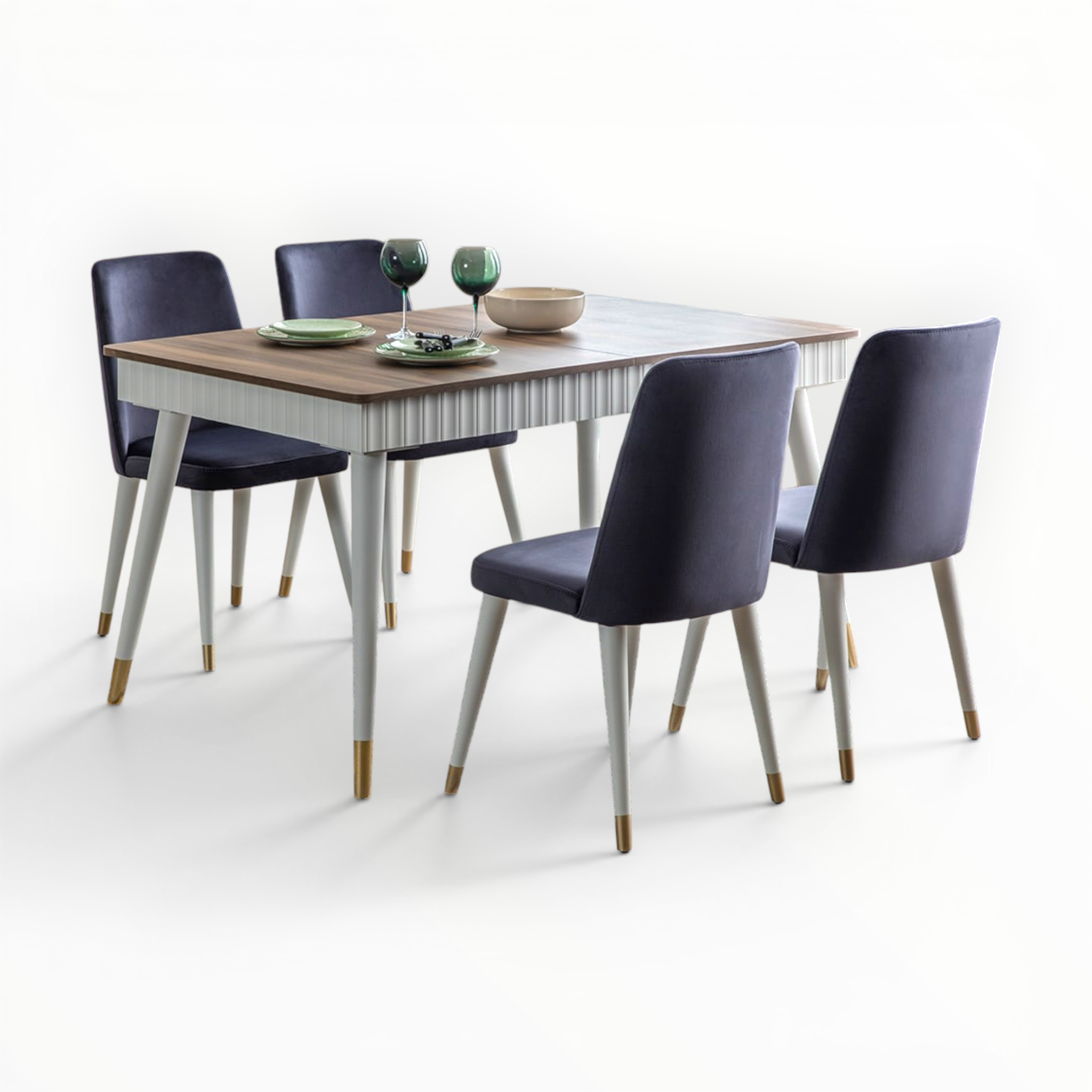 Dining table set with four blue chairs on a white background