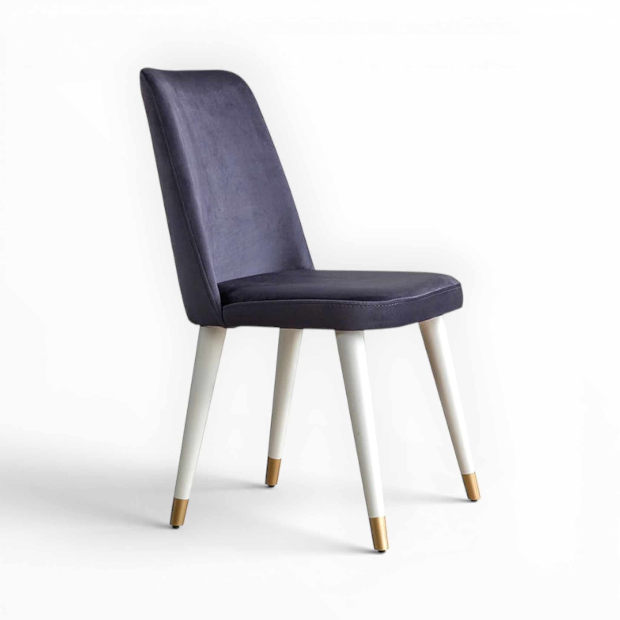 Purple chair with white legs and gold foot caps on a white background