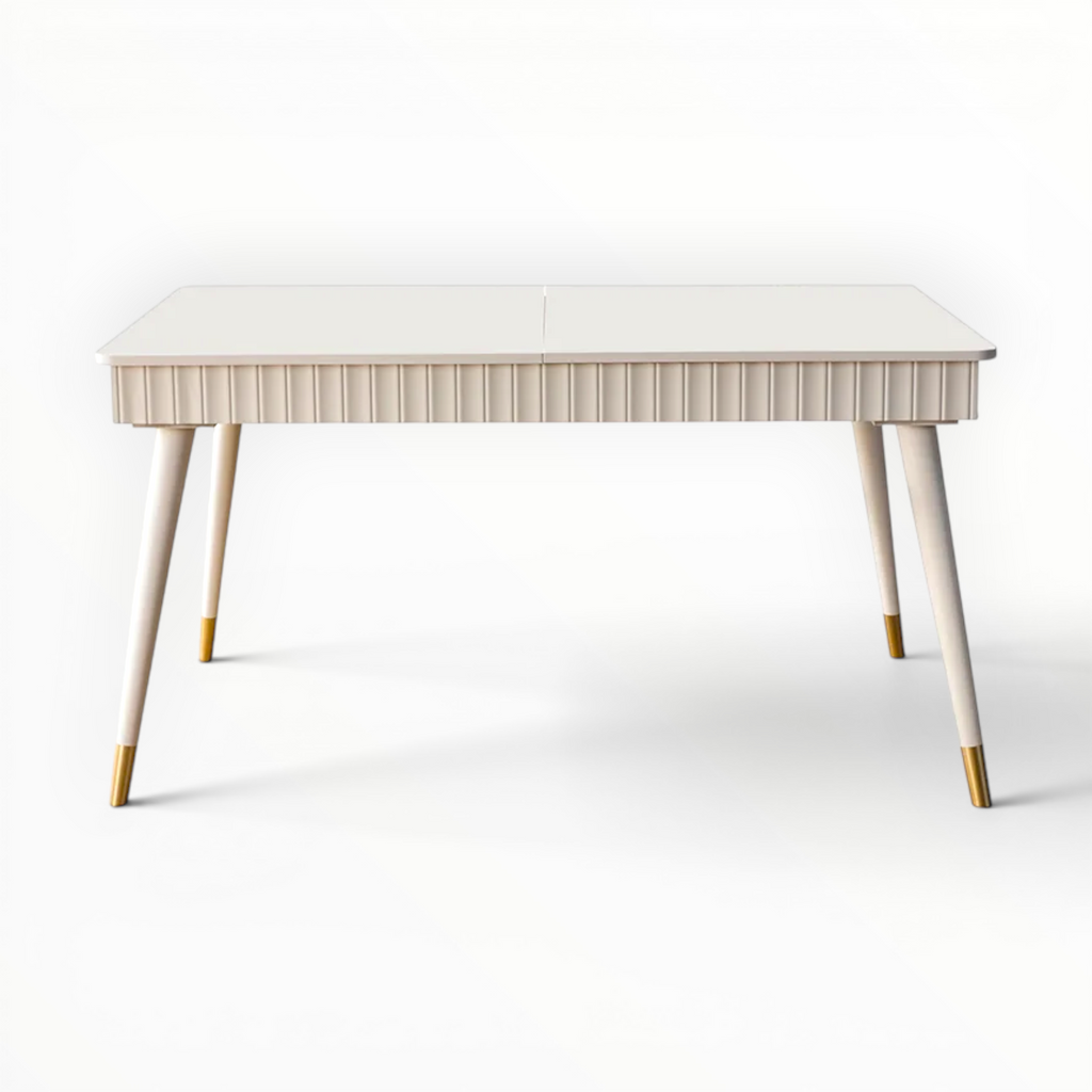 Modern desk with a white top and light wood legs on a white background