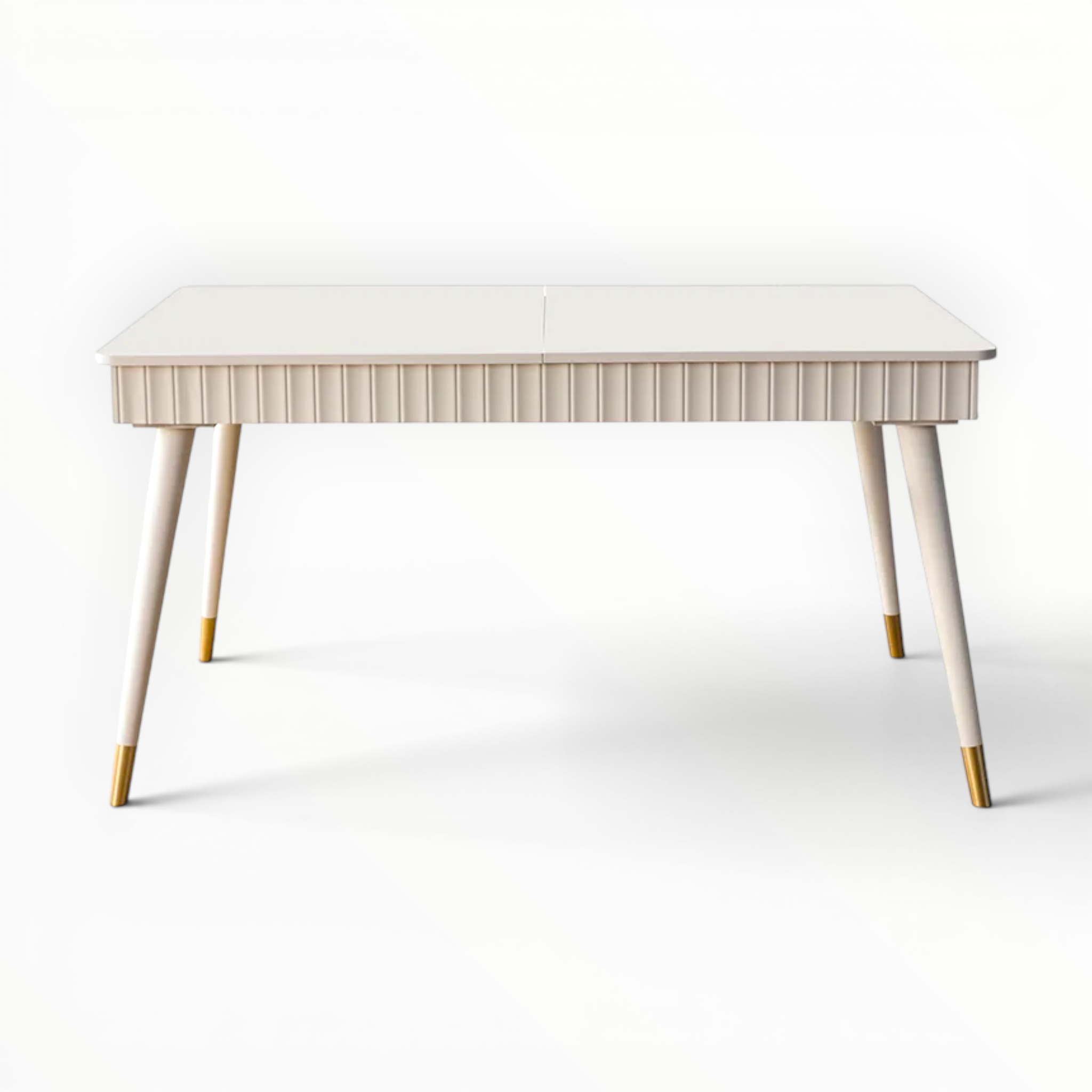 Modern desk with a white top and light wood legs on a white background