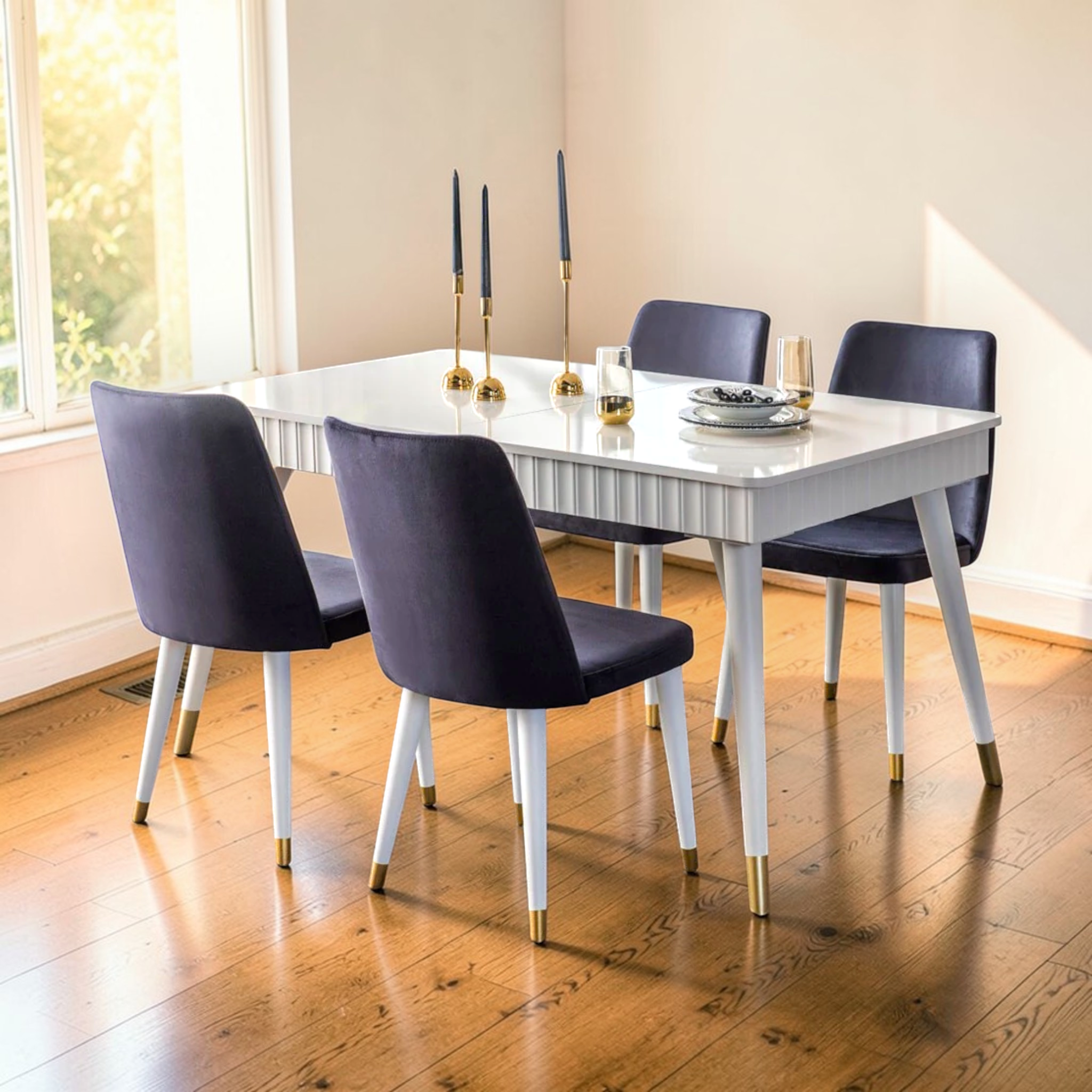 Dining table set with chairs in a well-lit room
