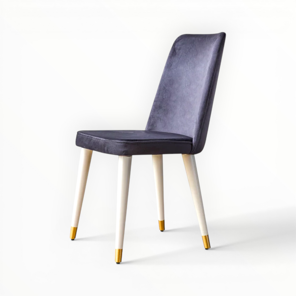 Gray chair with gold foot accents on a white background