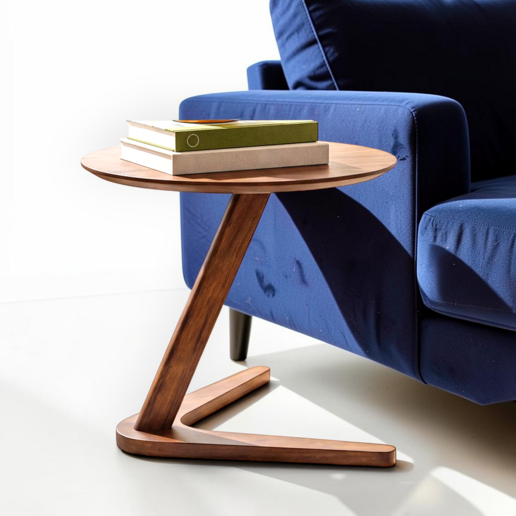 Kinetic solid teakwood Z-base round side table beside a sofa — Woodkraft Studio Hyderabad