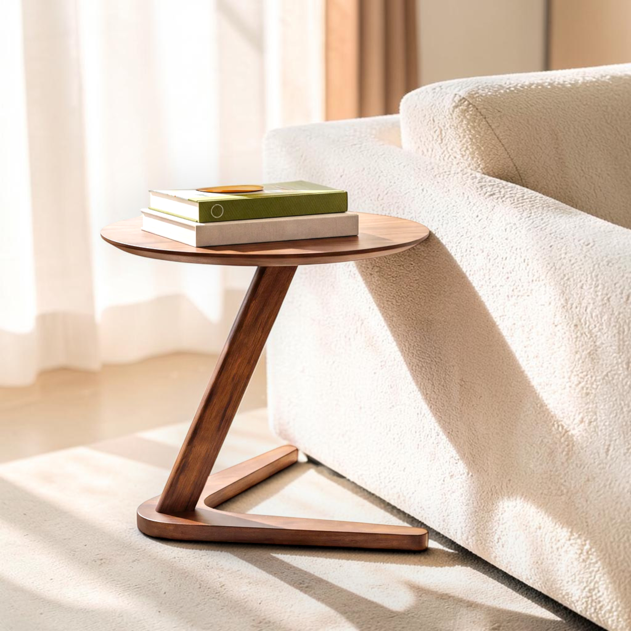 Kinetic teakwood C-table in natural light beside a white boucle sofa
