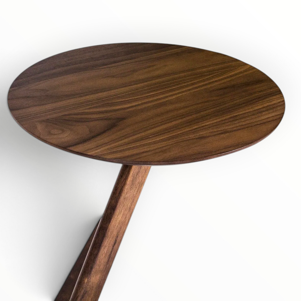 Round solid teakwood tabletop with natural wood grain — Kinetic side table