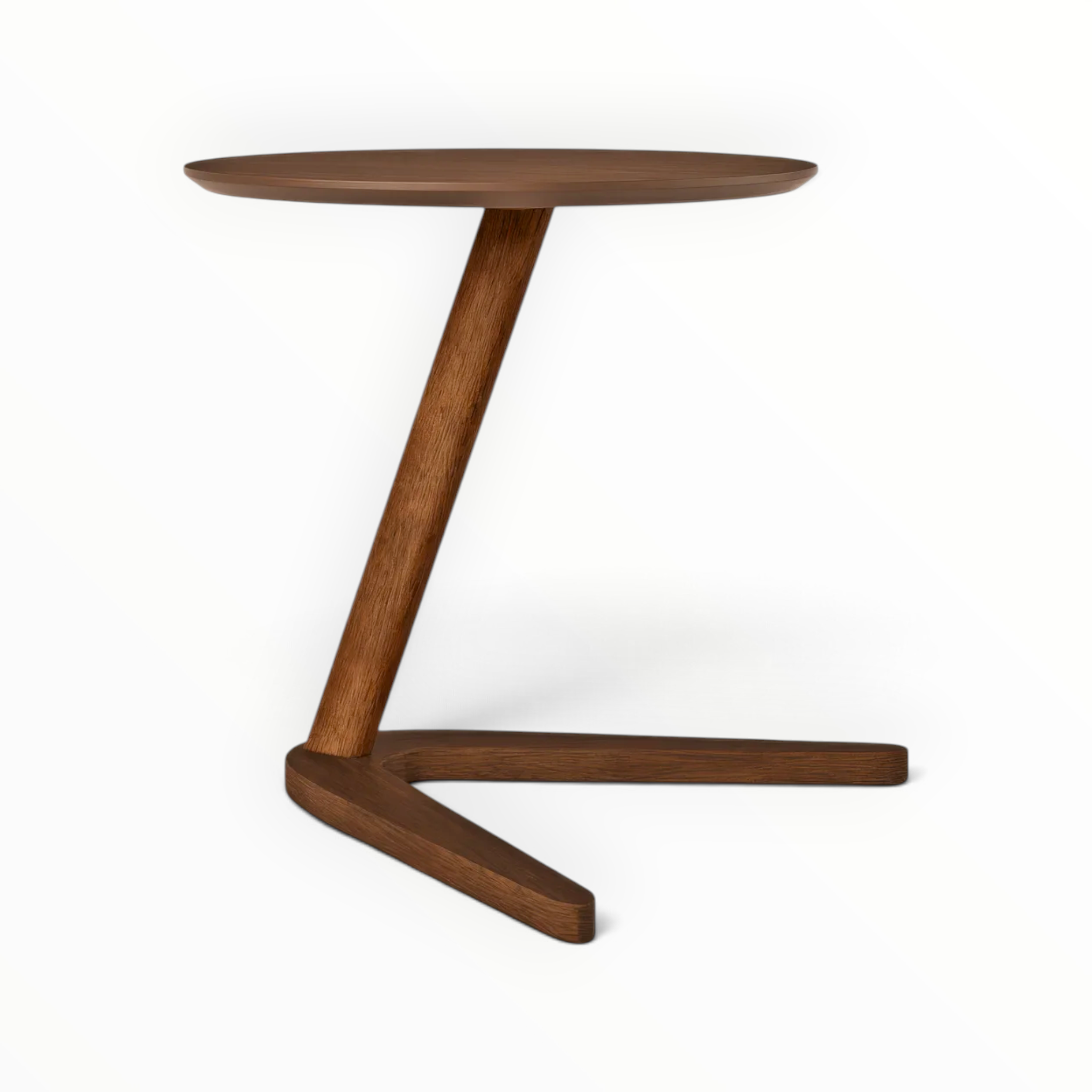 Kinetic round side table full view — sculptural Z-base in solid teakwood by Woodkraft Studio