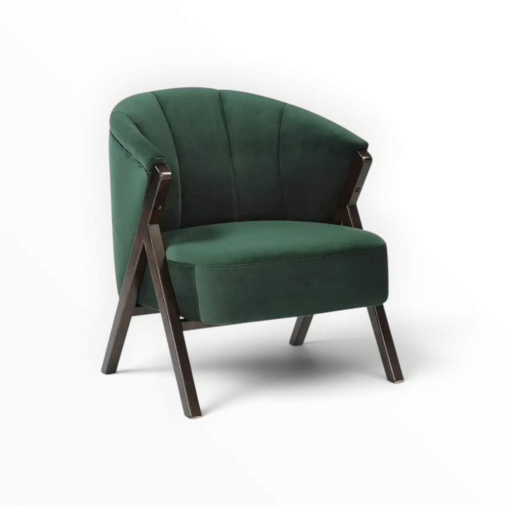 Mateo Upholstered Accent Chair – 3/4 Angle View Showing X-Frame Teakwood Legs