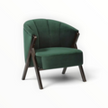Mateo Upholstered Accent Chair – 3/4 Angle View Showing X-Frame Teakwood Legs
