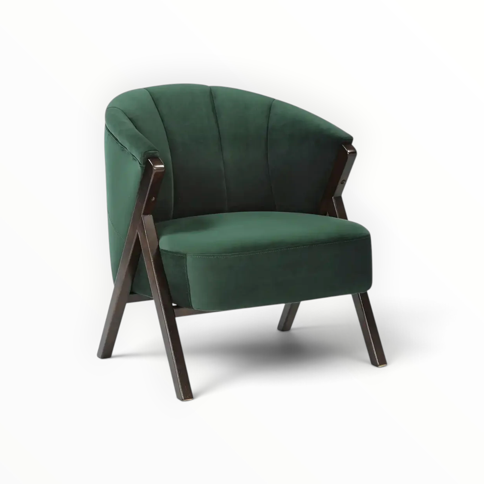 Mateo Upholstered Accent Chair – 3/4 Angle View Showing X-Frame Teakwood Legs