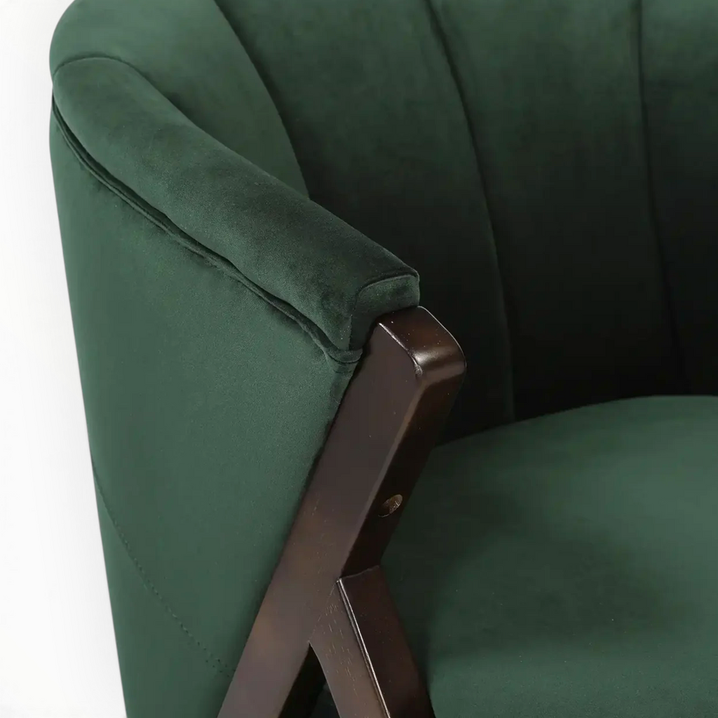 Mateo Accent Chair – Close-Up of Teakwood X-Frame and Brass Bolt Arm Joint