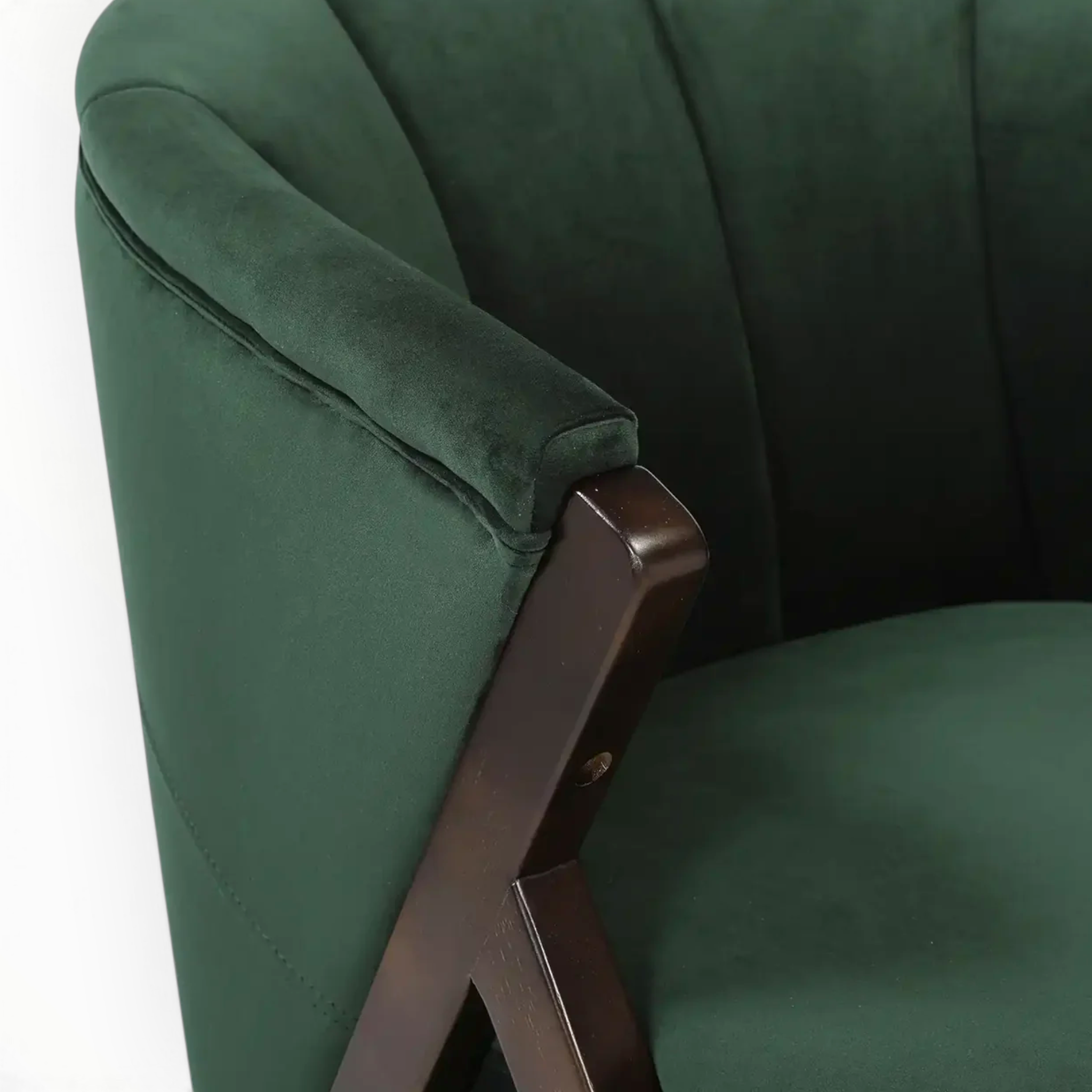 Mateo Accent Chair – Close-Up of Teakwood X-Frame and Brass Bolt Arm Joint