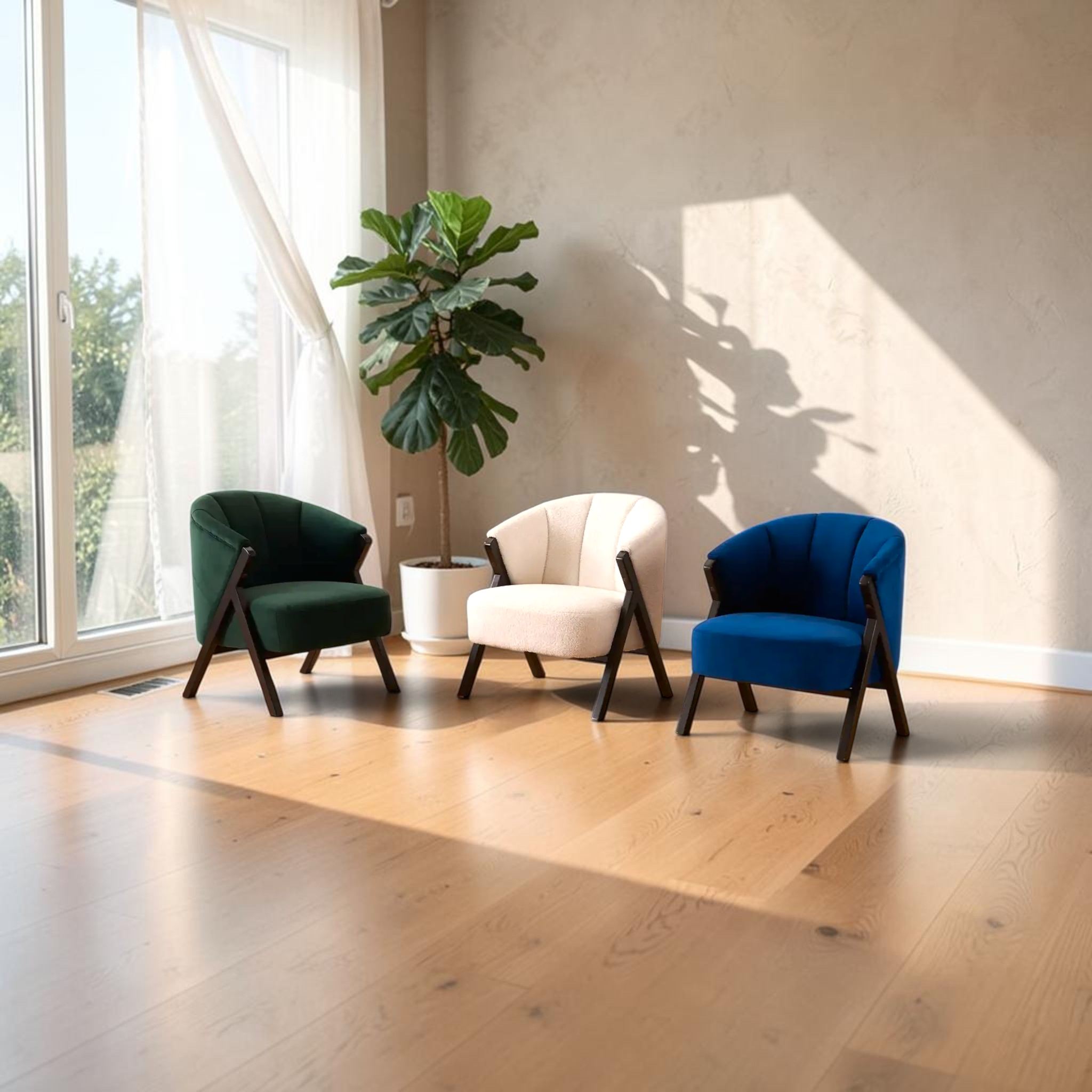 Mateo Barrel Back Chair – Scene View in Three Fabric Colourways