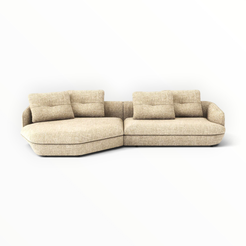 Palermo 3 seater sectional sofa in natural linen fabric - front view - Woodkraft Studio Hyderabad