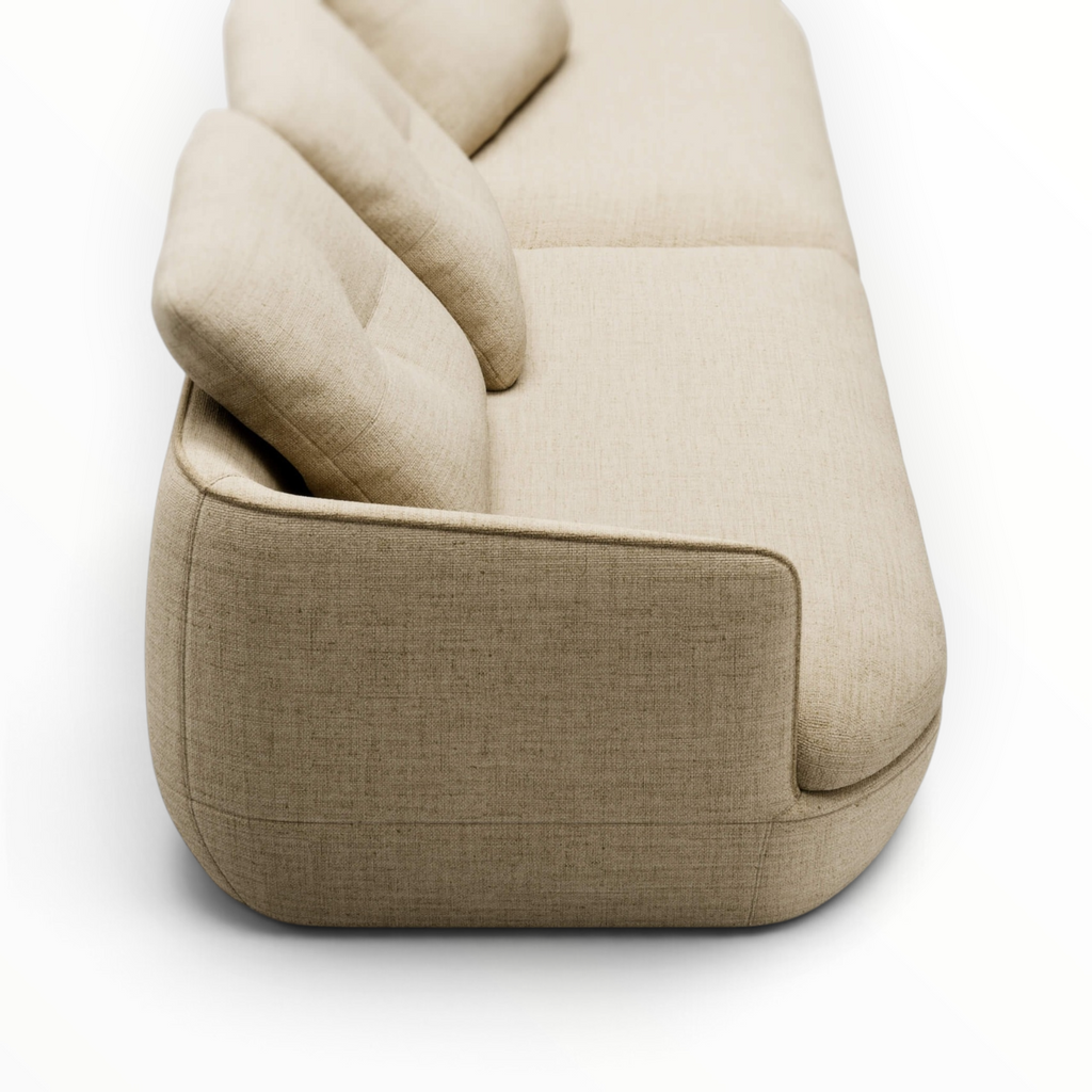 Palermo sectional sofa curved arm and cushion detail - solid wood frame upholstered sofa Hyderabad