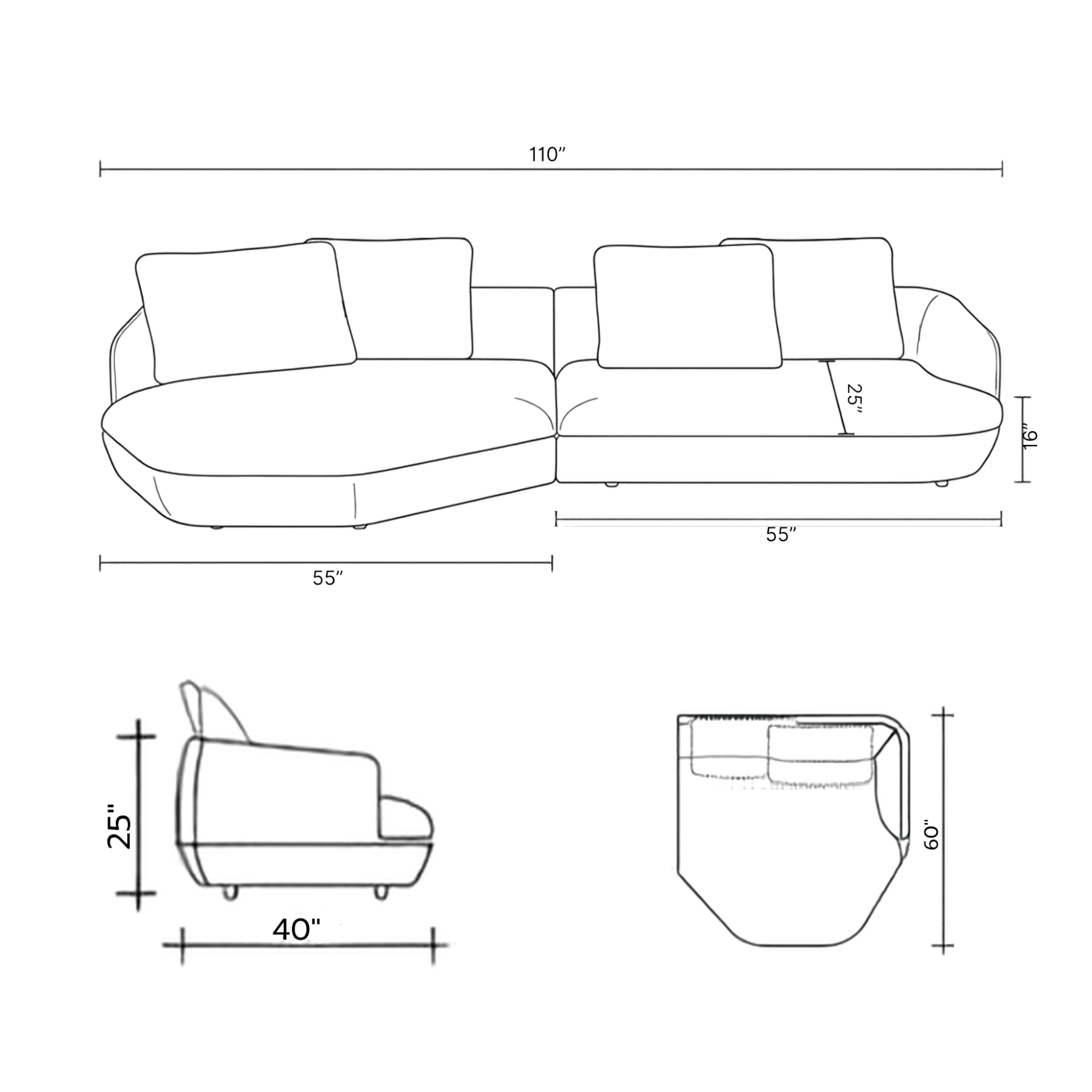 Palermo sectional sofa top view - modular 3 seater with tufted back cushions - Woodkraft Hyderabad
