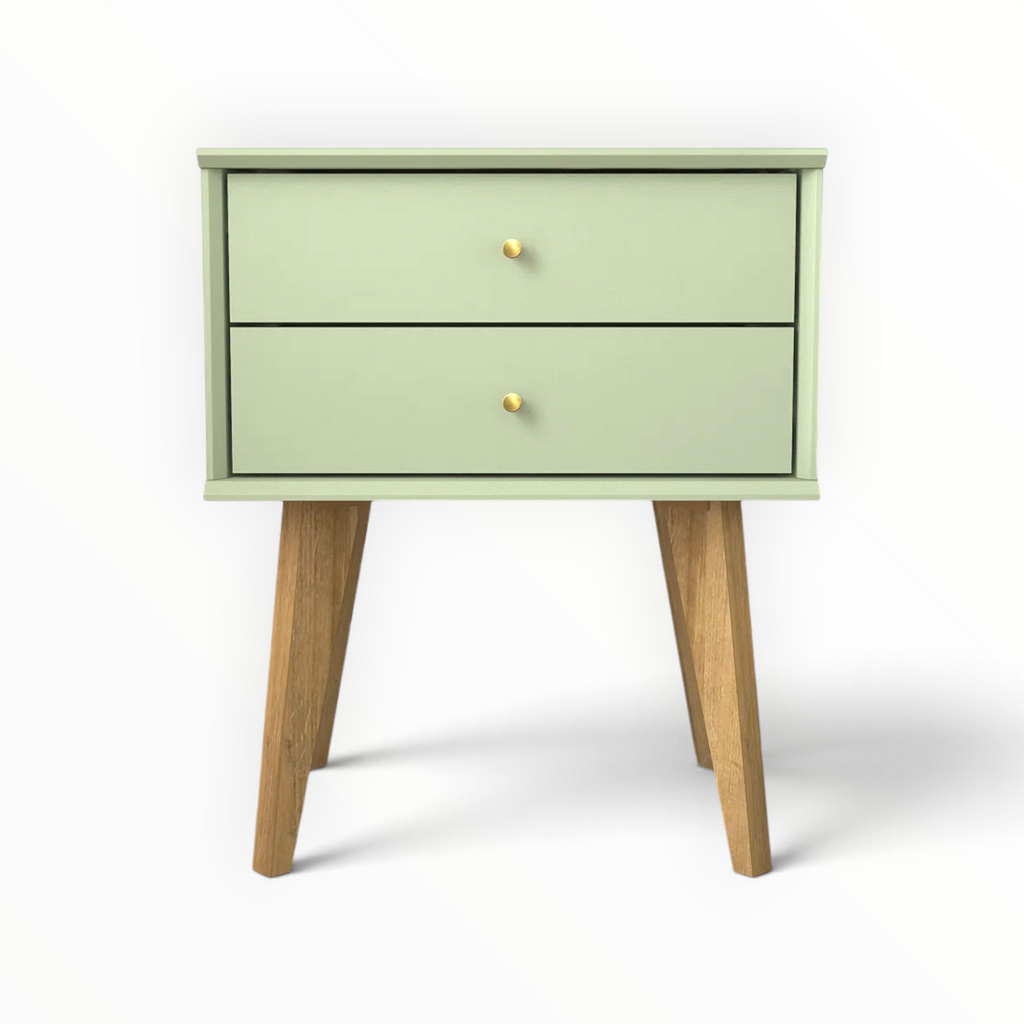 Retro 2-Drawer Side Table – Front View, Sage Green Deco Paint | Woodkraft Studio Hyderabad
