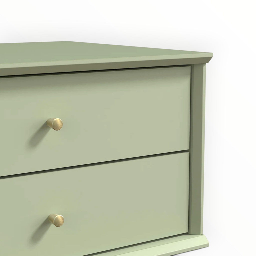 Retro Bedside Table – Close-Up of Drawer Fronts and Brass Cylindrical Knobs