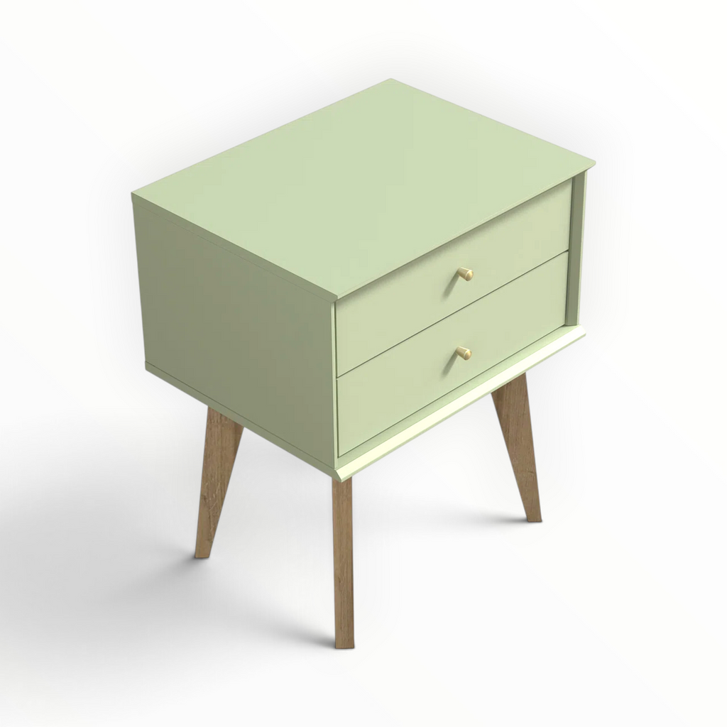 Retro Bedside Table – Top-Down Angle View Showing Drawer Layout and Surface