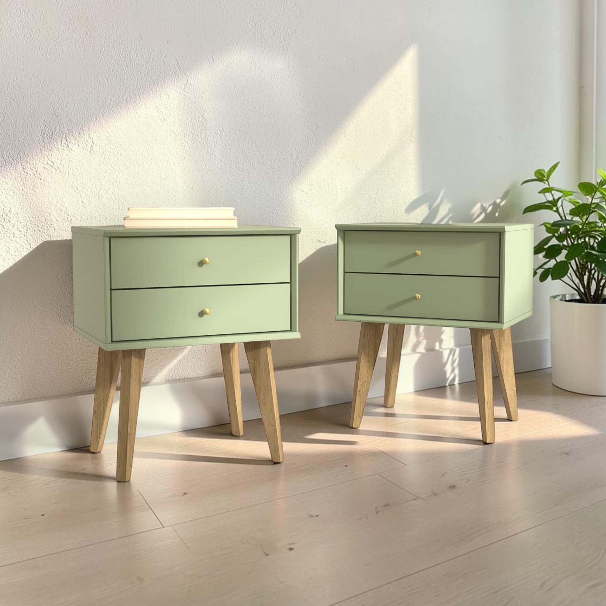 Retro 2-Drawer Bedside Table – Pair Scene in Bedroom Setting with Natural Light