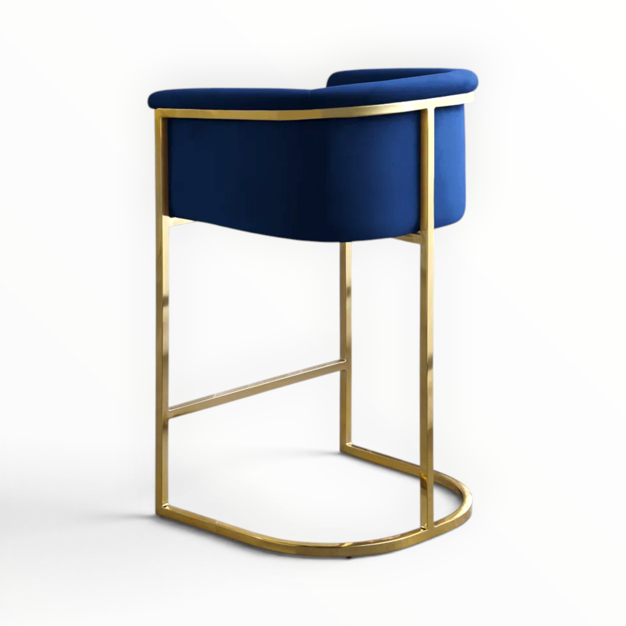 Titan upholstered bar stool with gold PU cantilever frame – navy blue velvet – lifestyle kitchen setting