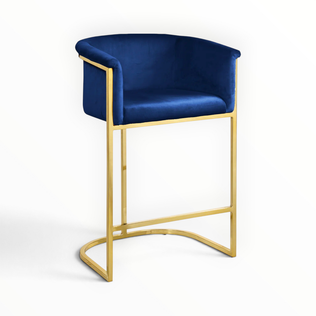 Titan bar stool pair – front and rear view – navy blue velvet seat with polished gold stainless steel frame