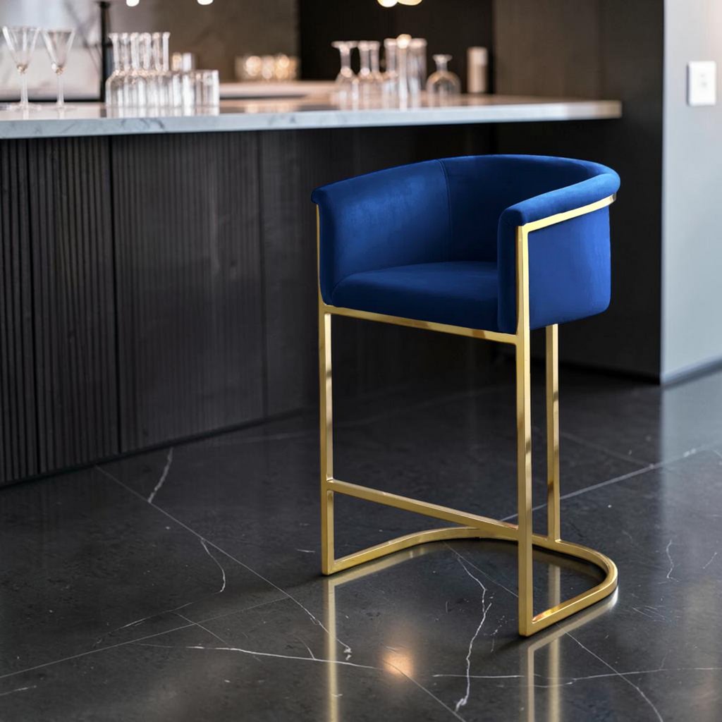 Titan counter stool – side profile view – barrel tub seat with gold PU steel cantilever base