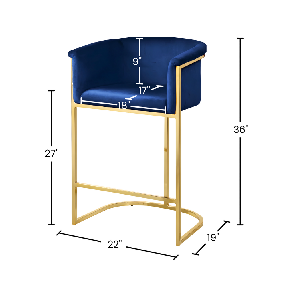 Titan bar stool – studio front view – customisable upholstered seat with gold PU stainless steel frame – Woodkraft Studio Hyderabad