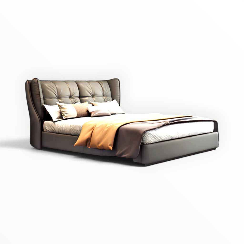 Torino king size upholstered bed with winged tufted headboard in charcoal leatherette — bedroom lifestyle view