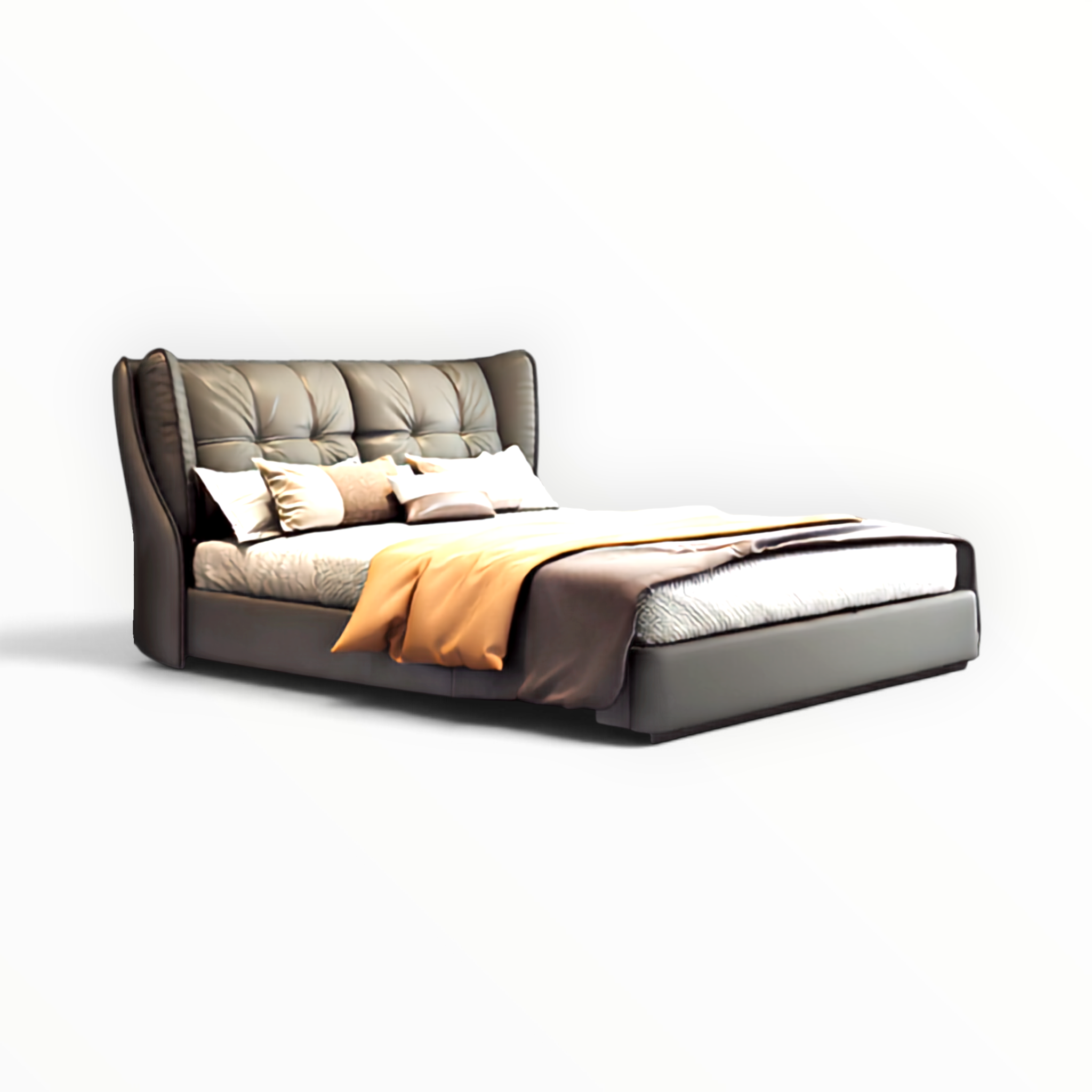 Torino king size upholstered bed with winged tufted headboard in charcoal leatherette — bedroom lifestyle view