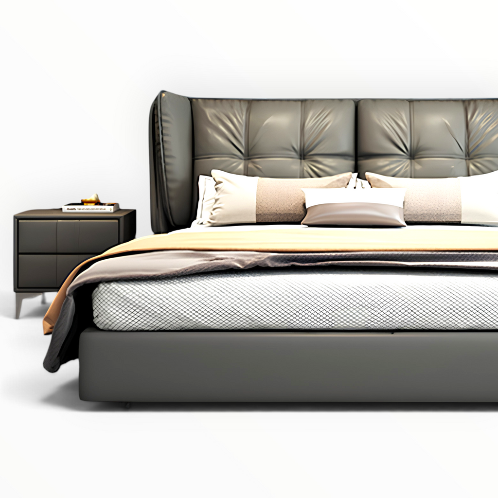 Torino upholstered king bed — 3/4 angle view showing tufted headboard and platform base
